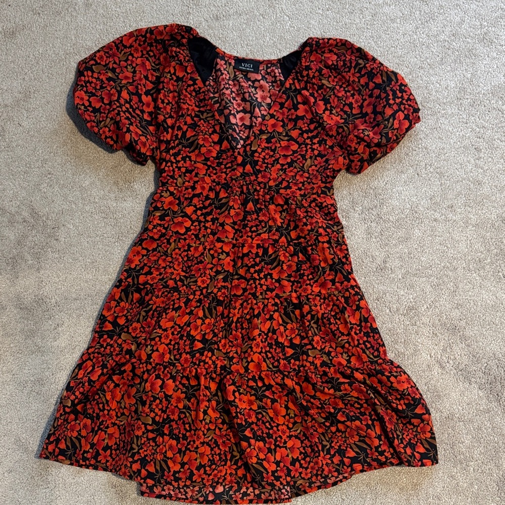 VICI Black Mini Dress with Red Floral Print